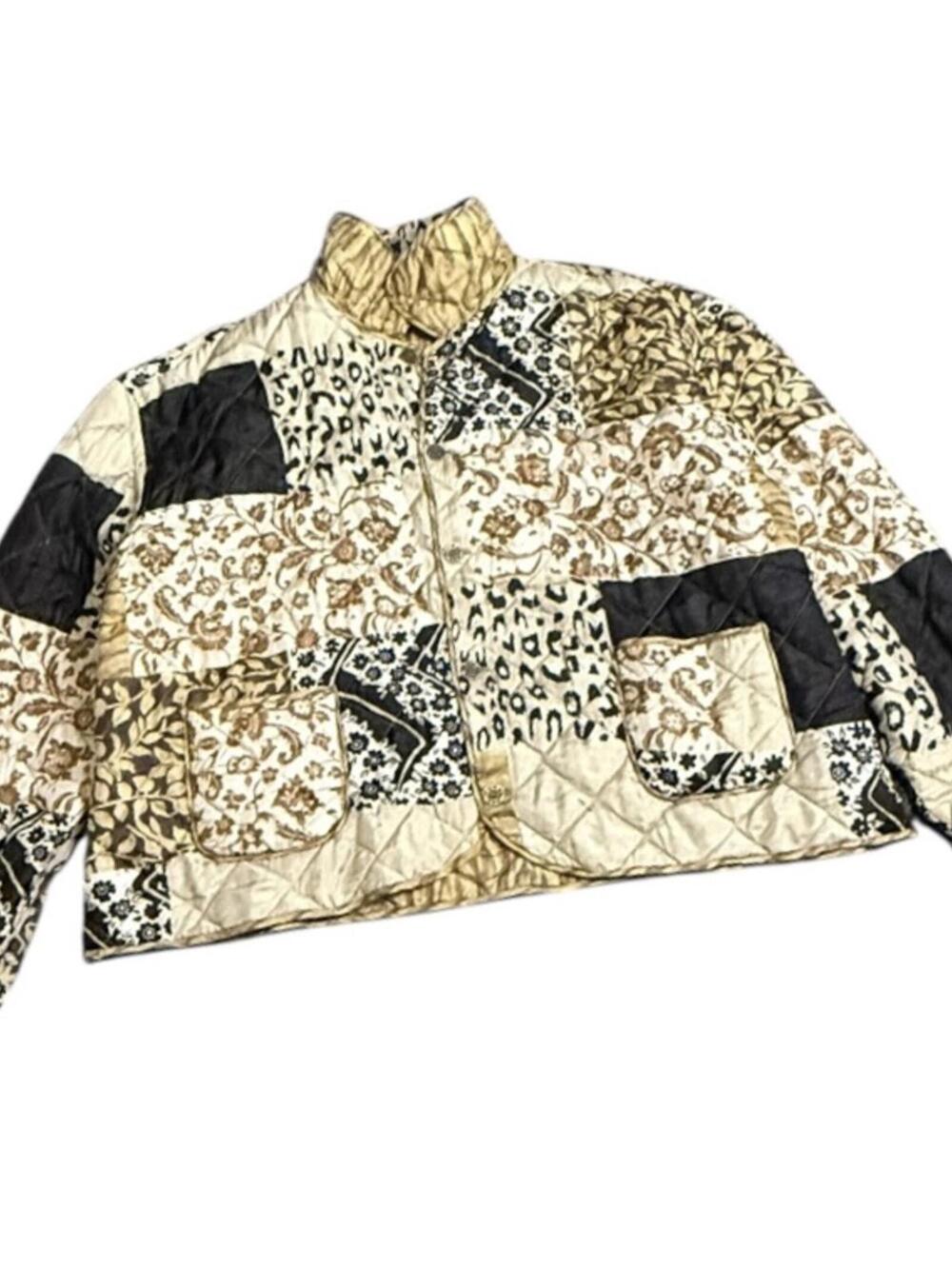 Studio quilted patchwork jacket XL neutral brown black silk blend cottagecore